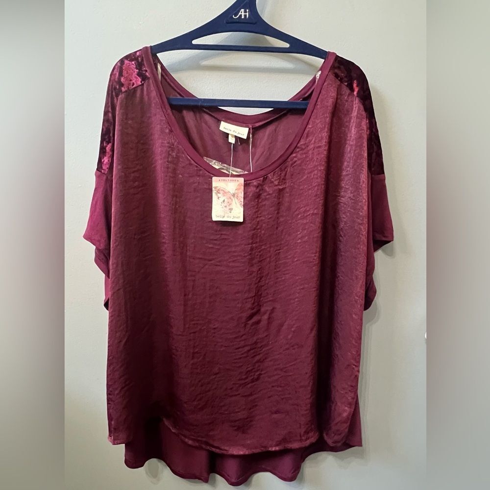 Belle Du Jour Burgundy Velvet Trim Hi-Low Blouse NWT 3X